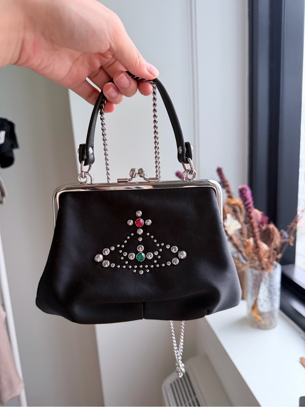Vivienne Westwood Black Stud-Embellished Frame Bag with Gem Accents